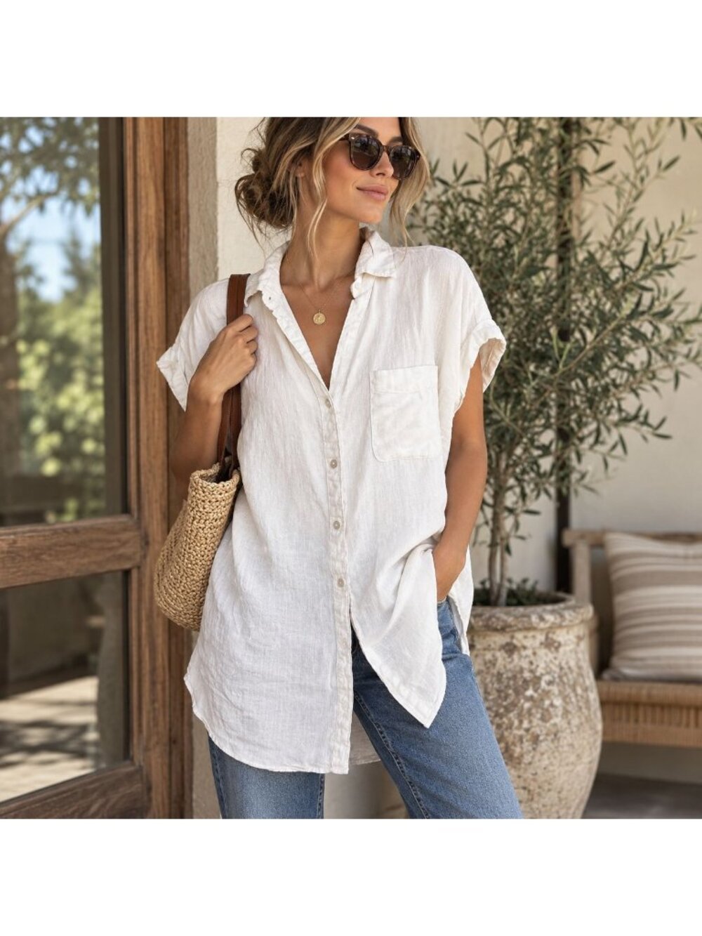 Tahari 100% Linen White Oversized Button Up Shirt Minimalist Transitional M